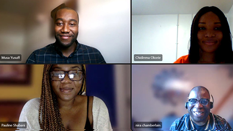 a screengrab of an online meeting showing four people
